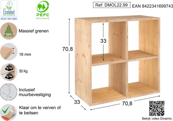 Astigarraga Vakkenkast open - 4 vakken - PEFC grenen - 71x71cm