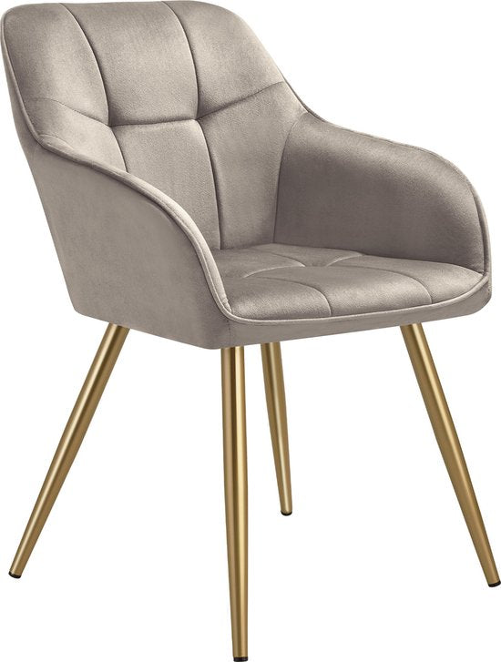 tectake® Fluwelen Stoel – Eetkamerstoel Met Gewatteerde Fluwelen Stof, Moderne Keukenstoelen, Comfortabele Fauteuil Voor Woonkamer, Eetkamer, Lounge – taupe / goud