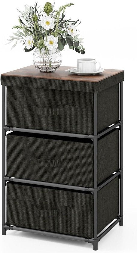 Coast Nachtkastje met Stoffen Lades - 3 Laags - 40 x 30 x 62 cm - Zwart