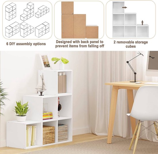 Woltu 6-vaks boekenrek – 90 x 90 x 30 cm – wit MDF – modulair en stijlvol