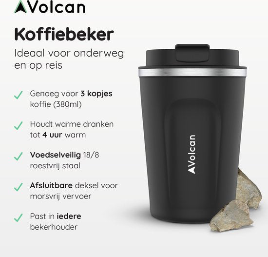 Volcan RVS Koffiebeker To Go - Thermosbeker - Lekvrij - Theebeker - 380ml - Zwart