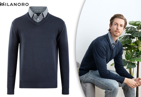 Milanoro - Herenpullover met overhemdkraag - Navy - M