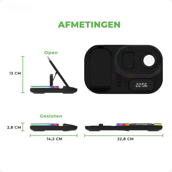 iSetchi Draadloze Qi Oplader 15 Watt Snellader (4-in-1) - Met Quick Charge 3.0 adapter, LED Klok & LED Lamp - Qi Oplaadstation