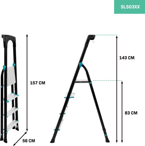 VONROC PRO Huishoudtrap – Aluminium klustrap inklapbaar – 4 treden antislip – max. belastbaarheid 150kg