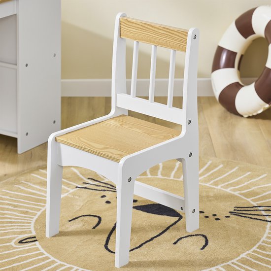 SoBuy KMB60-WN Kindertafel met Stoel, 2-delige set, tafel en stoel voor kinderen, bureau met 2 planken, papierhouders en opbergvakken, wit/Natuurel, 80 x 50 x 66 cm