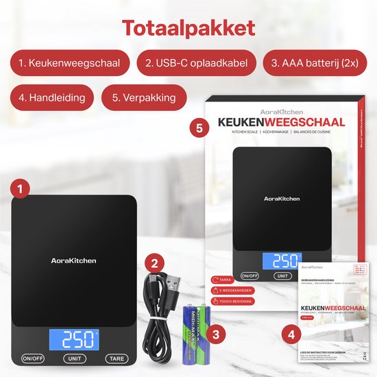AoraKitchen Keukenweegschaal Digitaal - Usb Oplaadbaar - 1g tot 15kg - Precisie Weegschaal - Tarra