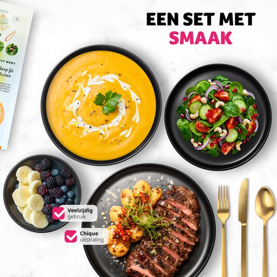 tectake® Serviesset Una - 24-delig - Aardewerk 6 personen - Stijlvol, duurzaam en ideaal voor dagelijks gebruik of feestelijke gelegenheden - Grote en kleine borden, kommen/schaaltjes - mat zwart