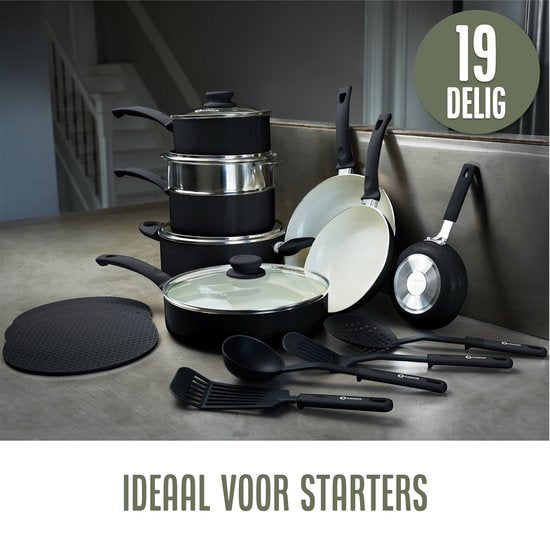 COOCK 19-Delige Pannenset Inductie - Speciale Anti-Aanbak Coating - Ergonomische Koudgrepen - Gerecycled Aluminium - koekenpannenset - kookpottenset - Zwart/Wit - Inclusief Onderzetters en E-book