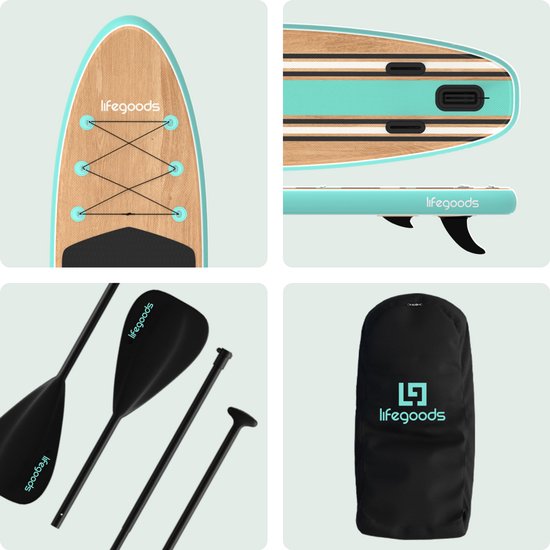 LifeGoods PaddlePro SUP Board - Opblaasbaar Paddle Board - Complete Set - Max. 150KG - 320x81cm - Hout/Mintgroen