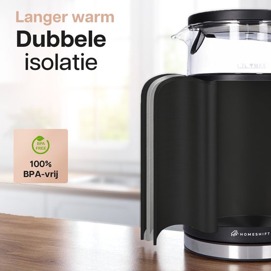 HomeShift® Waterkoker met Temperatuurregeling - Warmhoudfunctie - Dubbelwandig - Elektrisch - 1,7 Liter - 2200W - Zwart