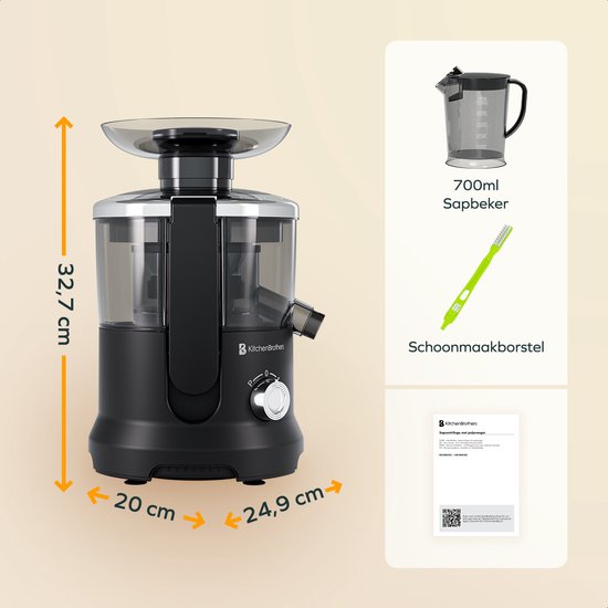 KitchenBrothers Sapcentrifuge - Juicer - Met Pulpcontainer - 500ml - 600W - Zwart