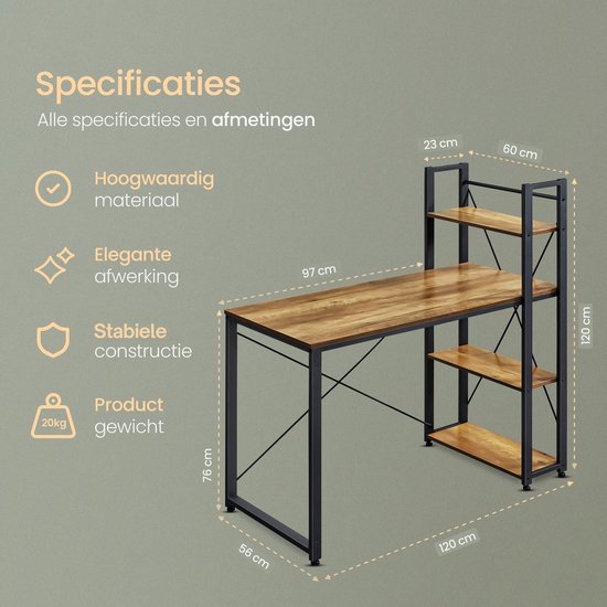 O'DADDY® Bureau met Verstelbare Voeten - Bureautafel - Computertafel - Game Bureau - Gaming Desk Klein - Bureaublad Meubel - 120 x 60 cm - Boekenrek - Computerbureau - Bruin