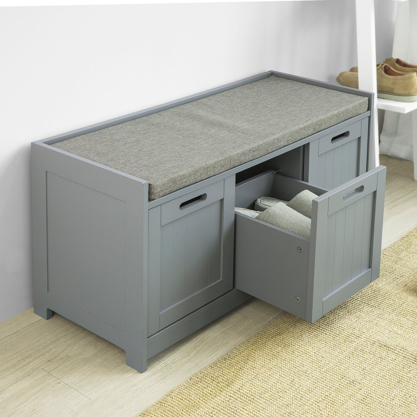 SoBuy - Schoenenbank met gestoffeerd zitvlak - 2 Deuren en 1 Mand - Max. 150 kg - 90 x 35 x 45 cm - Grijs