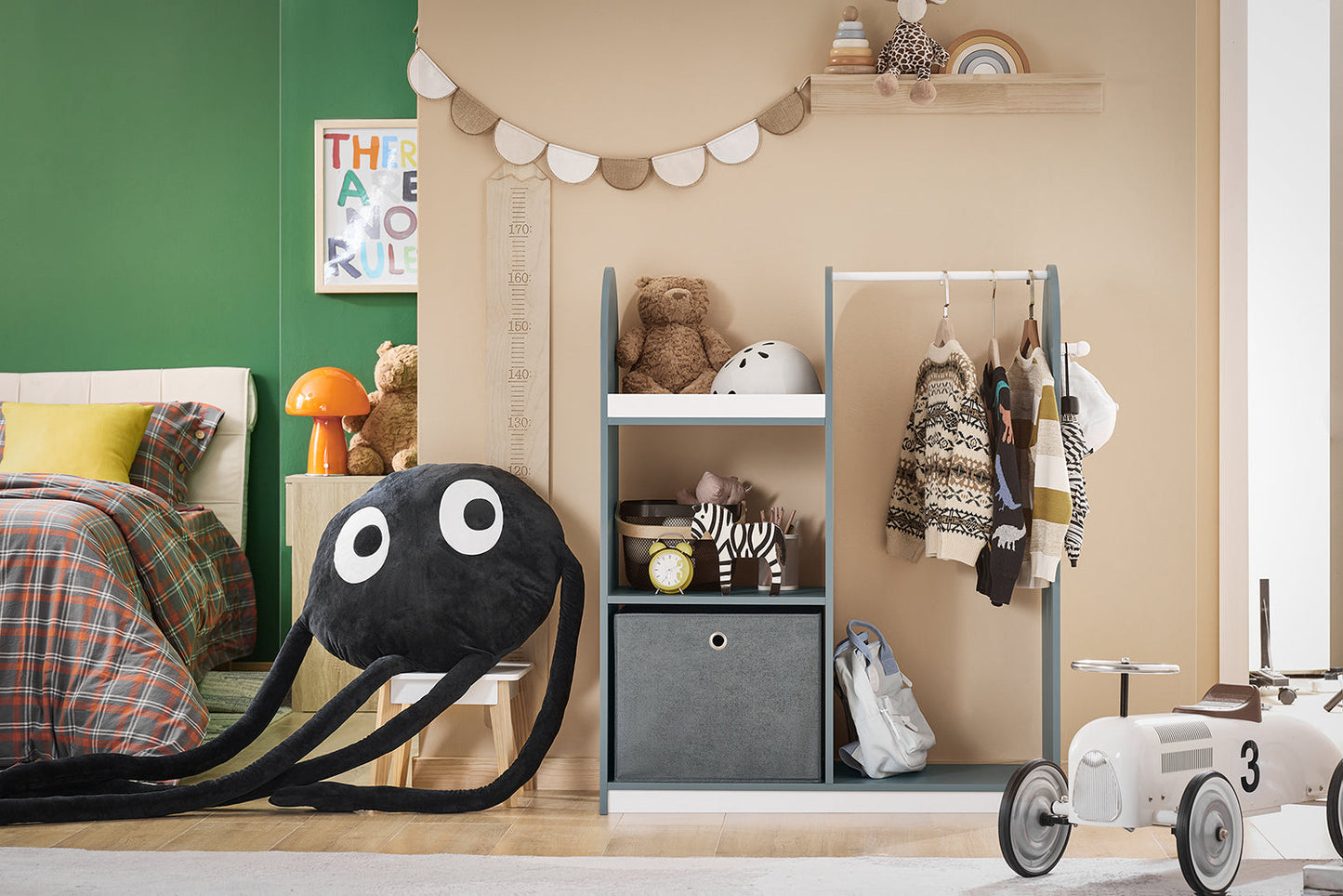 SoBuy KMB40-HG Kindergarderobe 97x35x108 cm Grijs – Kinderkapstok met 3 Haken, Opbergplanken en Mandje