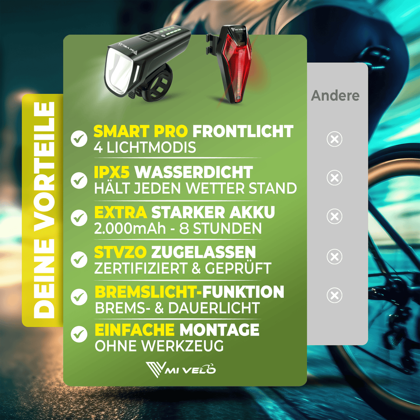 Mivelo Fietsverlichtingsset - StVZO-goedgekeurd - USB-oplaadbaar - 100% waterdicht - LED voor- en achterlicht - Met remlichtfunctie (SMART PRO)