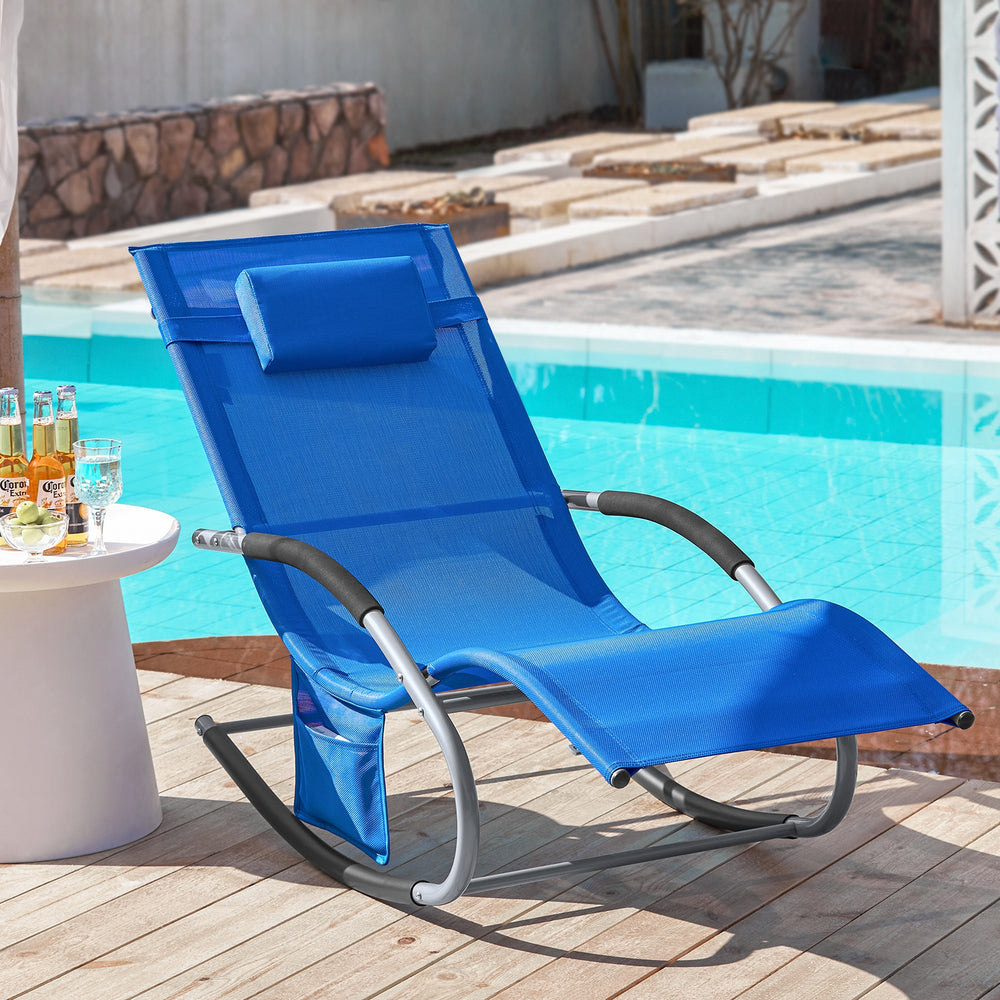 SoBuy Ligstoel OGS28-KB - Met Schommelpoten en Hoofdkussen - 150 x 63 x 83 cm - Blauw