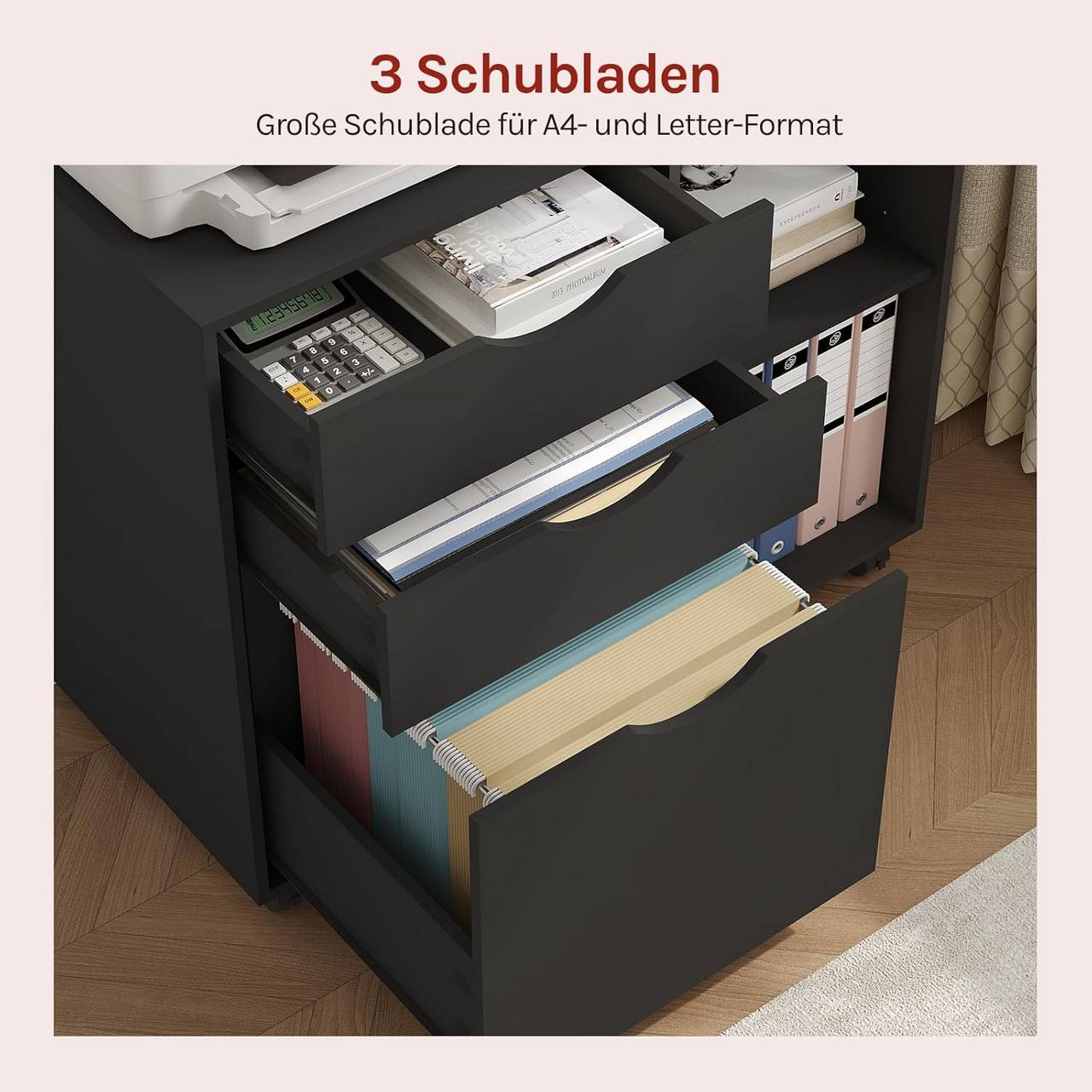 Woltu Achiefkast - Verrijdbaar - 3 Lades - 80 x 70 x 40 cm - Zwartt
