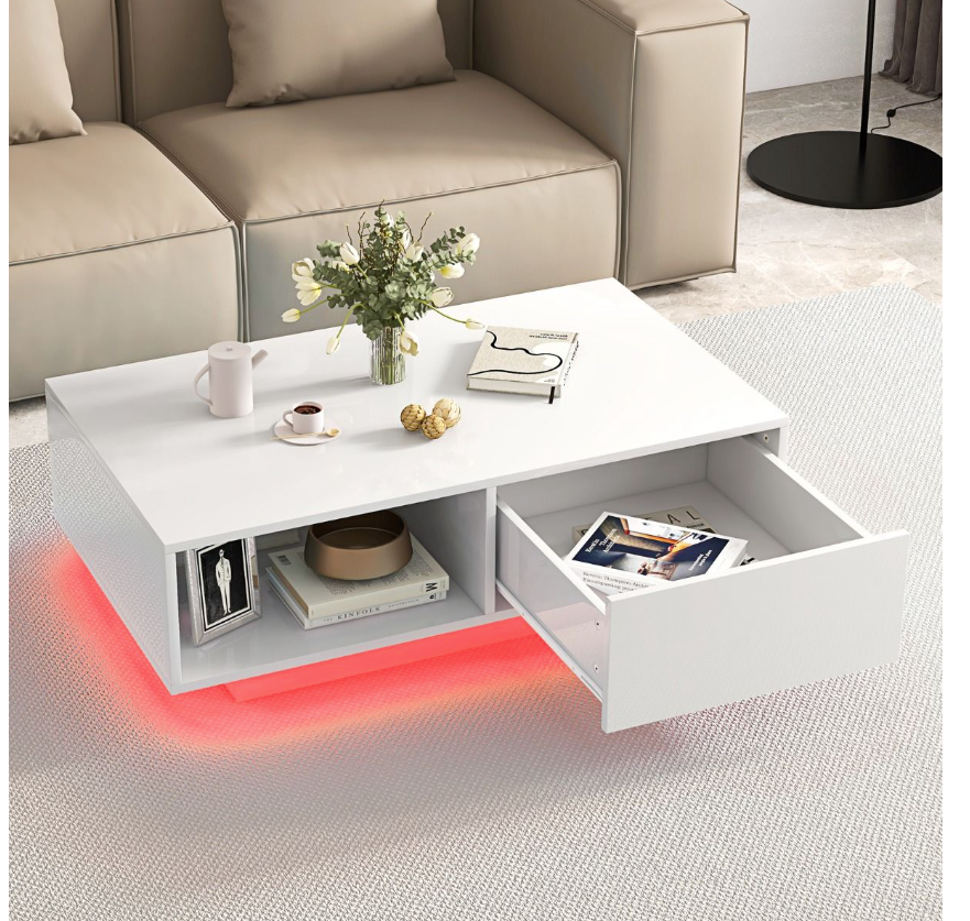 Coast LED Salontafel Hoogglans - Met Afstandsbediening, Lade & Open Vak - 95 x 55 x 31 cm - MDF/Houtcomposiet - Wit