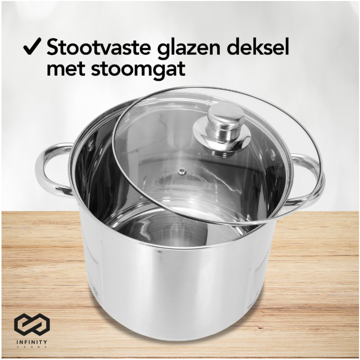 Infinity Goods Soeppan Stamppot - Glazen Deksel - 16,5L - 30 CM - Inductie Gas Keramisch - Vaatwasserbestendig - RVS