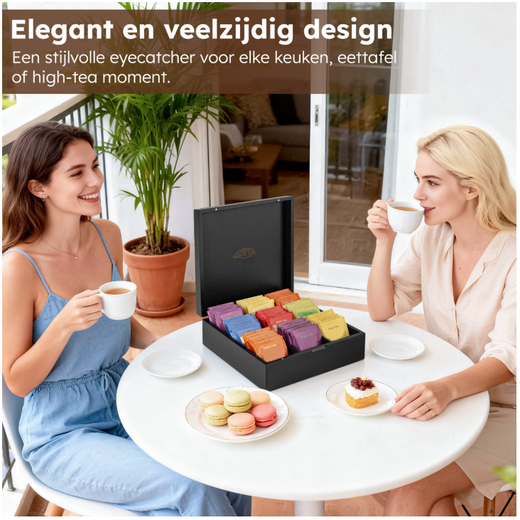 Nimma – Luxe Theedoos – 9 Compartimenten – Zwart Bamboe – Met Magneetsluiting & Compact Ontwerp – Thee Organizer – Stijlvol & Duurzaam