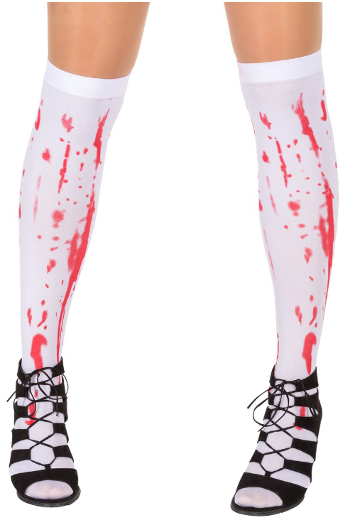 DressForFun – Vrouwenkostuum Sexy Zombie – Maat L – Wit & Rood Polyester – Gekartelde Mini-jurk met Bloedvlekken – Griezelige Look – Halloween & Carnaval Verkleedkleding voor Dames