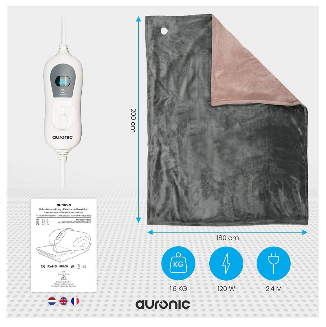 Auronic Elektrische Warmtedeken - Bovendeken - 2 Persoons - 3 Warmtestanden - Met Timer - 200 x 180 cm - Grijs