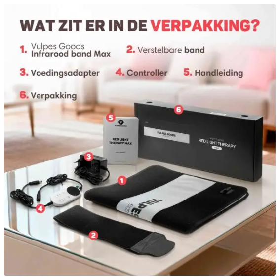 Vulpes Goods® – Draagbare Infrarood Band XL – 61 x 30,5 cm – Voorzien Van 242 LED’s En 5 Intensiteitsniveaus En Pulsmodus En Timer – Voor Rug En Schouders En Benen – Zwart PU En TPU