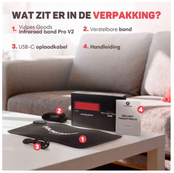 Vulpes Goods® – Draagbare Infrarood Band Pro V2 – 35 x 15 cm – Voorzien Van 80 LED’s En 3 Dimniveaus En Oplaadbare 2000mAh Accu En Timer – Voor Rug En Schouders En Armen – Zwart Kunststof En Textiel