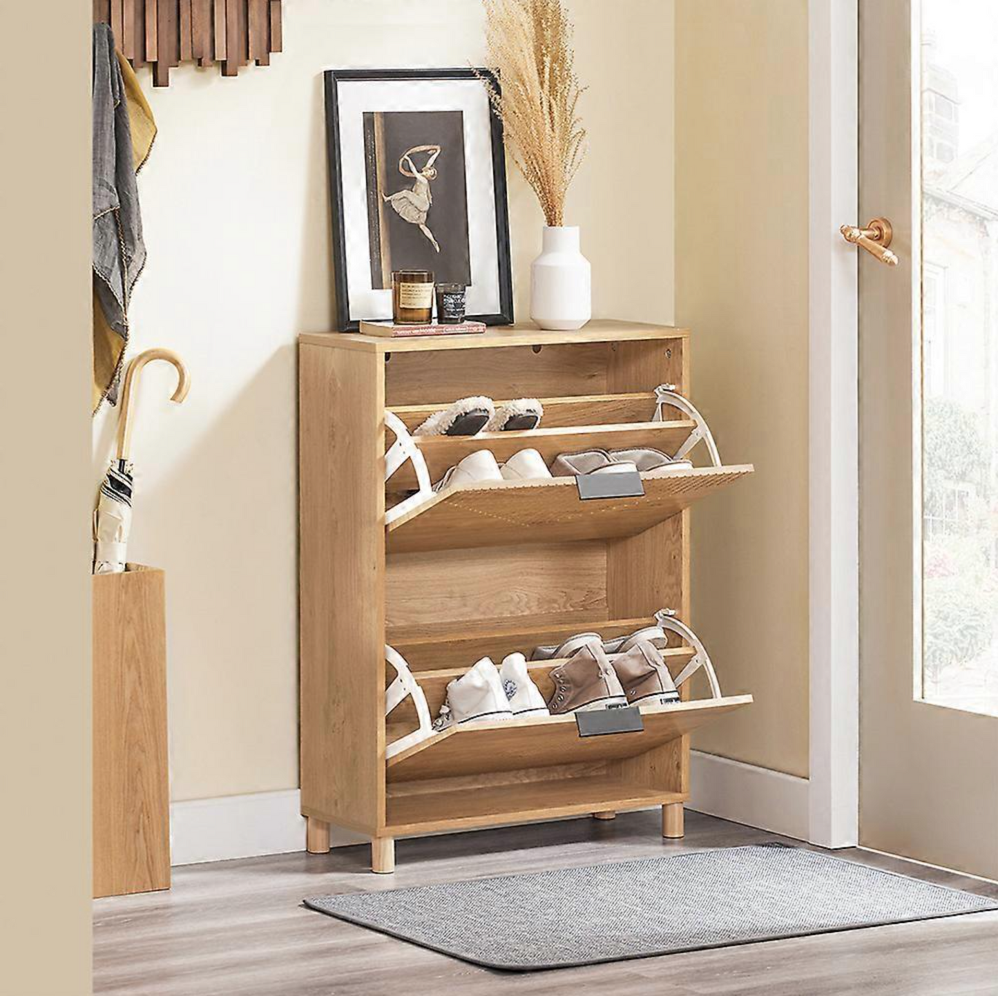SoBuy Schoenenkast Smal – Schoenenrek met Klepdeuren – Opbergkast Hal – 8 Paar Schoenen – Houten Design – 60x24x83 cm