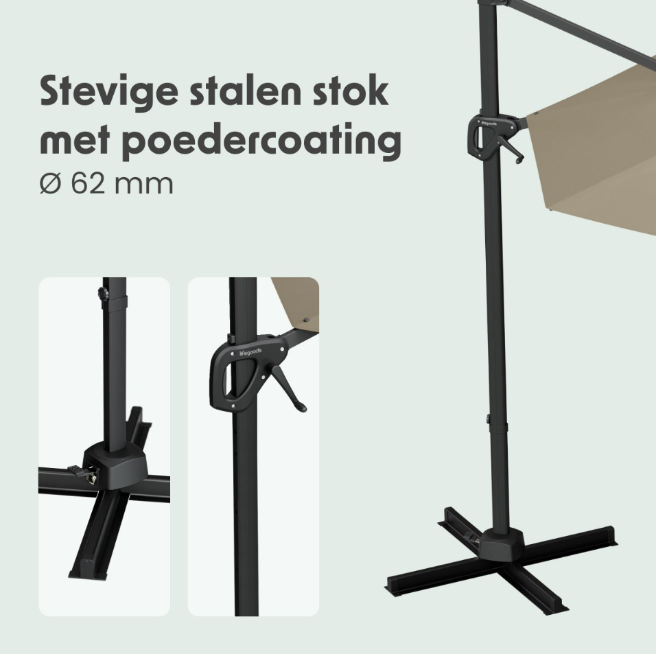 LifeGoods Zweefparasol Ø300 cm – 360° Draaibaar – 6 Standen – Incl. Hoes – Taupe