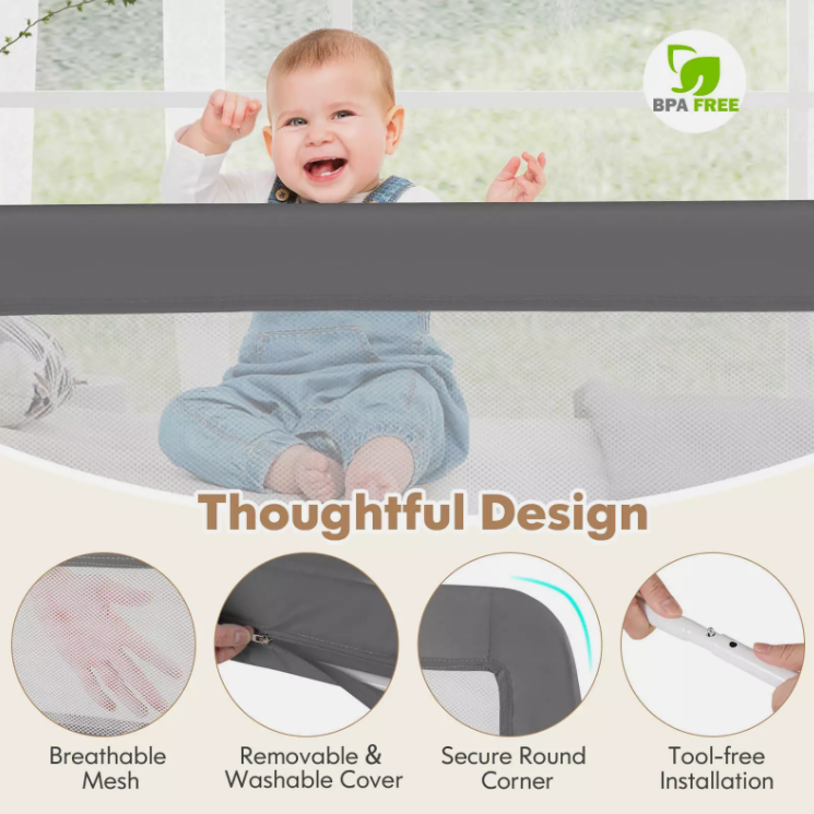 Coast Bedhekje 180 cm – Opvouwbaar Kinder Bedhek met Veiligheidsgordel – Grijs – 180 x 41 x 55 cm