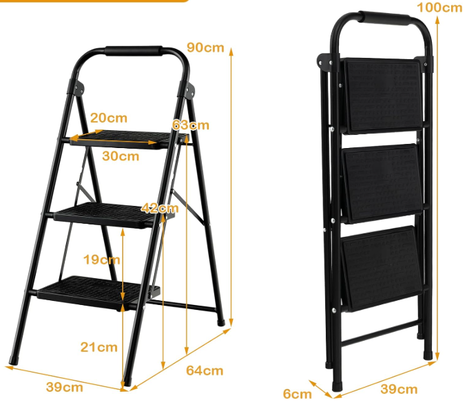 Coast Step Ladder met 3 niveaus opvouwbare klimhulp met niet -slip stappen 64 x 39 x 90 cm zwart