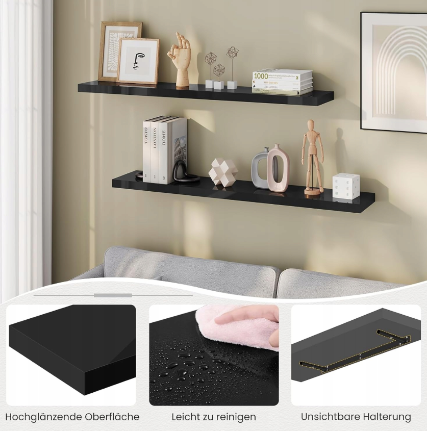 Esituro Hangende Wandplank Zwart 80 x 23 x 3,8 cm - Moderne Zwevende Boekenplank