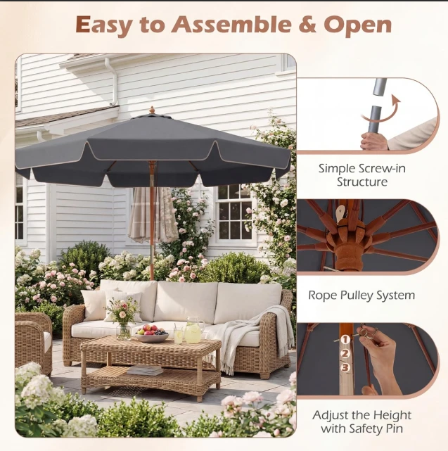 Costway Tuinparasol - 300 cm - Kantelbaar - Houten Paal - Weerbestendig - Grijs