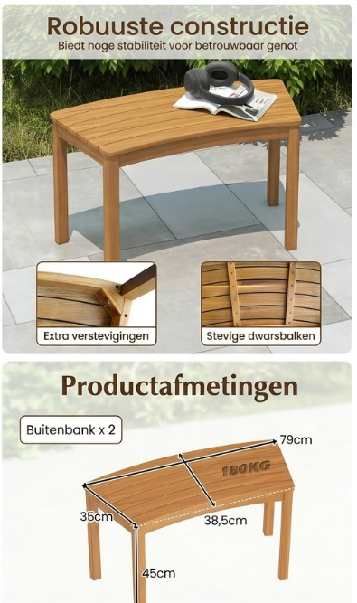 Coast Set van 2 Houten Tuinbanken - Acaciahout - Weerbestendig - 180 kg draagvermogen - Naturel