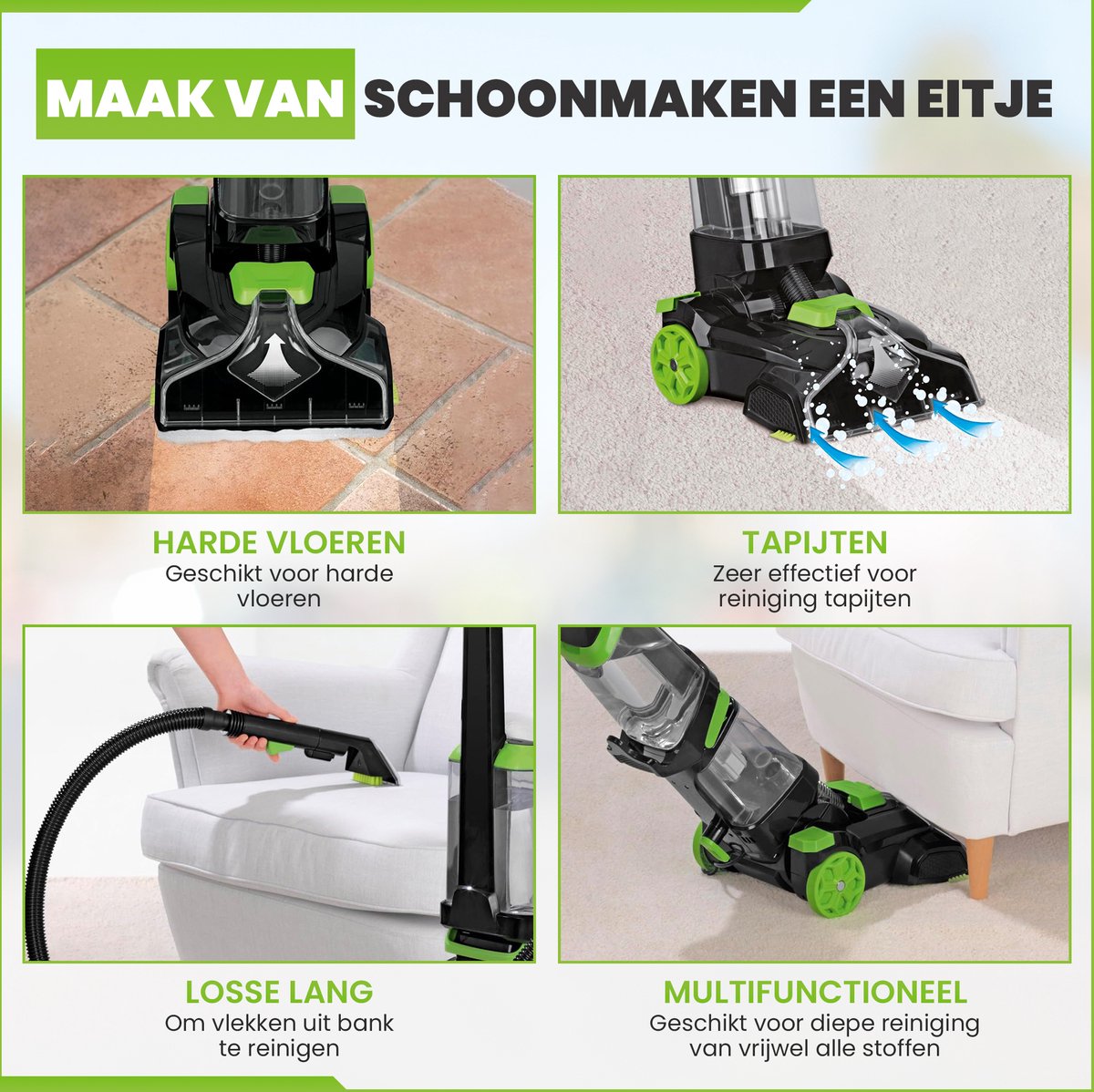 Tapijtreiniger 2-1 - Multifuntionele Vlekkenreiniger - 800W - 30 x 32.5 x 113 cm