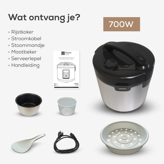KitchenLove Rijstkoker met Stomer - 1.2L - Multicooker - Rice Cooker - Slowcooker - 2 tot 5 Personen - Zwart RVS