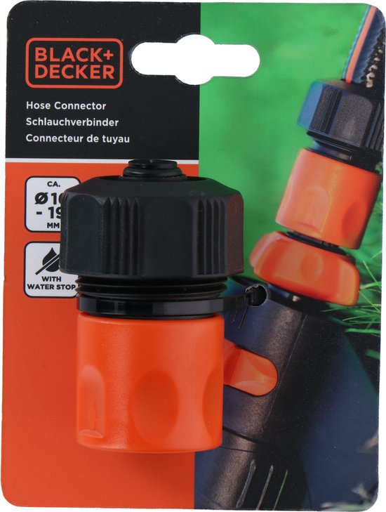 BLACK+DECKER Tuinslang Snelkoppeling - met Waterstop - 5/8'-3/4' - ⌀16-19 mm - Kunststof - Zwart/ Oranje