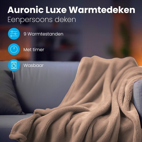 Auronic Elektrische Deken - Warmtedeken - 9 Warmtestanden - 1 Persoons - 160x120cm - Lichtbruin
