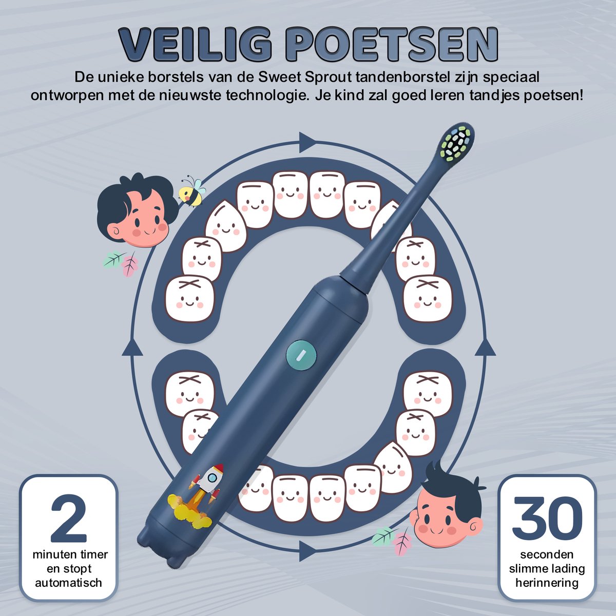 Sweet Sprout Sonische Elektrische Tandenborstel Kinderen - Baby en Peuter - Inclusief 3 opzetstukken en timer - 0 t/m 4 jaar