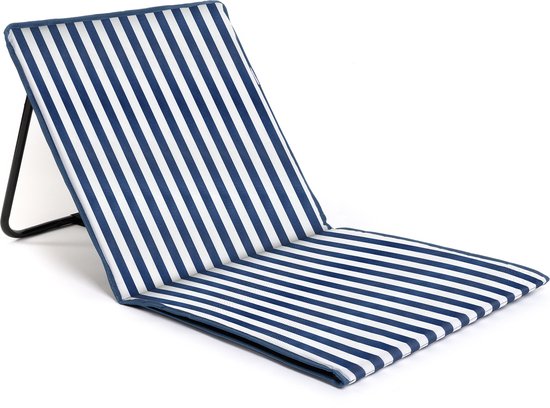 Opvouwbare strandmat - ligstoel - verstelbare rugleuning - makkelijk draagbaar - lichtgewicht - opbergvak met rits (blauw/wit gestreept verticaal)
