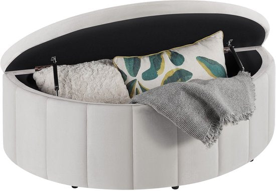 tectake® Gestoffeerde Bank Moon - Hocker met Opbergruimte - Groot Opbergvak - Halve Maan Vorm - Zitbankje - 108 x 48 x 38,5 cm - Draagkracht 150 kg - Fluweel Taupe