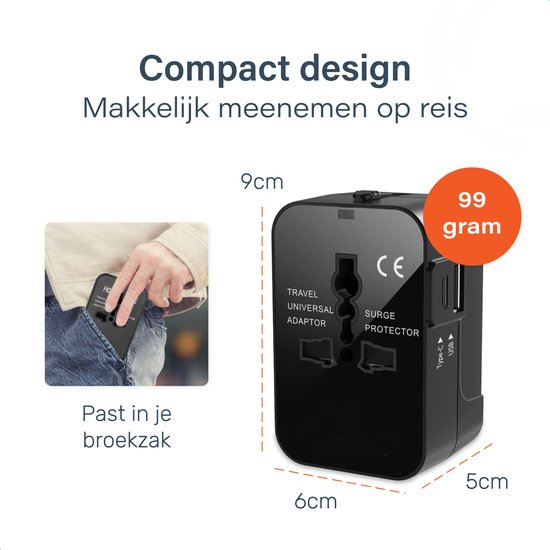 Universele wereldstekker 150+ Landen - Internationale - Verloop - Reis stekker - Adapter - Voor Amerika, Zuid Amerika, Engeland (UK), Azië, Europa, Afrika, Italië, Thailand, Curacao - 2x USB-C en 2x USB-A - Type G, Lichtgewicht - Skoov