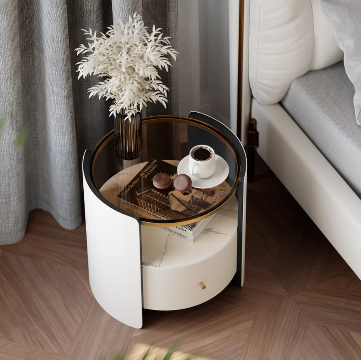 Homary Ronde Nachtkast met Glasblad - Sintersteen - 49 x 49 x 48 cm - Met Lade