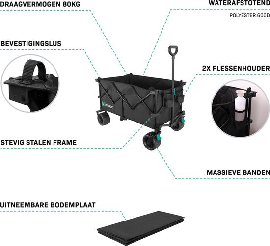 VONROC Bolderkar XL – Opvouwbaar - 80 kg draagvermogen – 200l inhoud - Extra ruim model - Massieve anti-lek wielen - Stevig stalen frame – Polyester 600D - Zwart