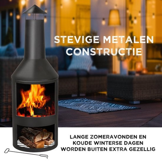 BBQ Collection Buitenhaard met Schoorsteen - Tuinhaard 134 x 44,5 x 44,5 cm - Terrashaard voor Brandhout - Terraskachel met As-Opvangbak, Pook en Houtopslag - Tuin en Terras - Carbon Staal