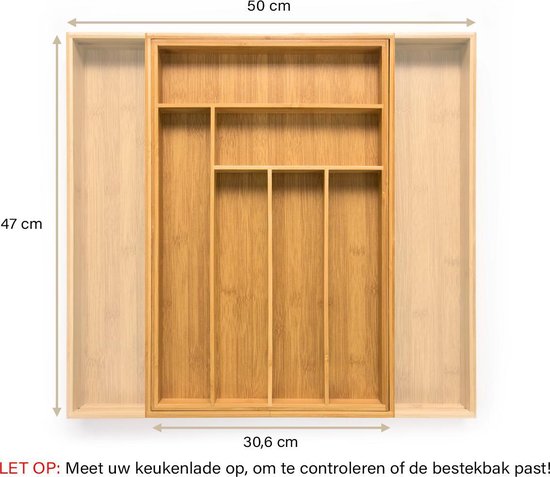 Budu Uitschuifbare Bamboe Bestekbak #47 (47 cm diep) - Bestekcassette Hout - Besteklade - 47 x 30,6 - 50 cm - 6/8 vakken