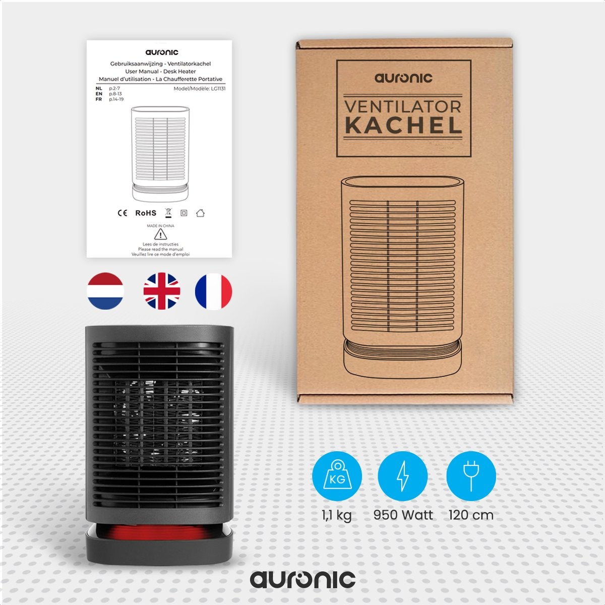 Auronic Elektrische Kachel - Ventilatorkachel - 3 Standen - 950W Heater - Keramische Kachel met LED Indicatie - Roterend - Zwart