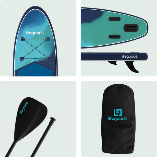 LifeGoods SUP Board Allround Compact - met Zitje - 100 KG Draagkracht - 300 x 76 cm - Opblaasbaar - Compleet SUP pakket - Blauw/Groen
