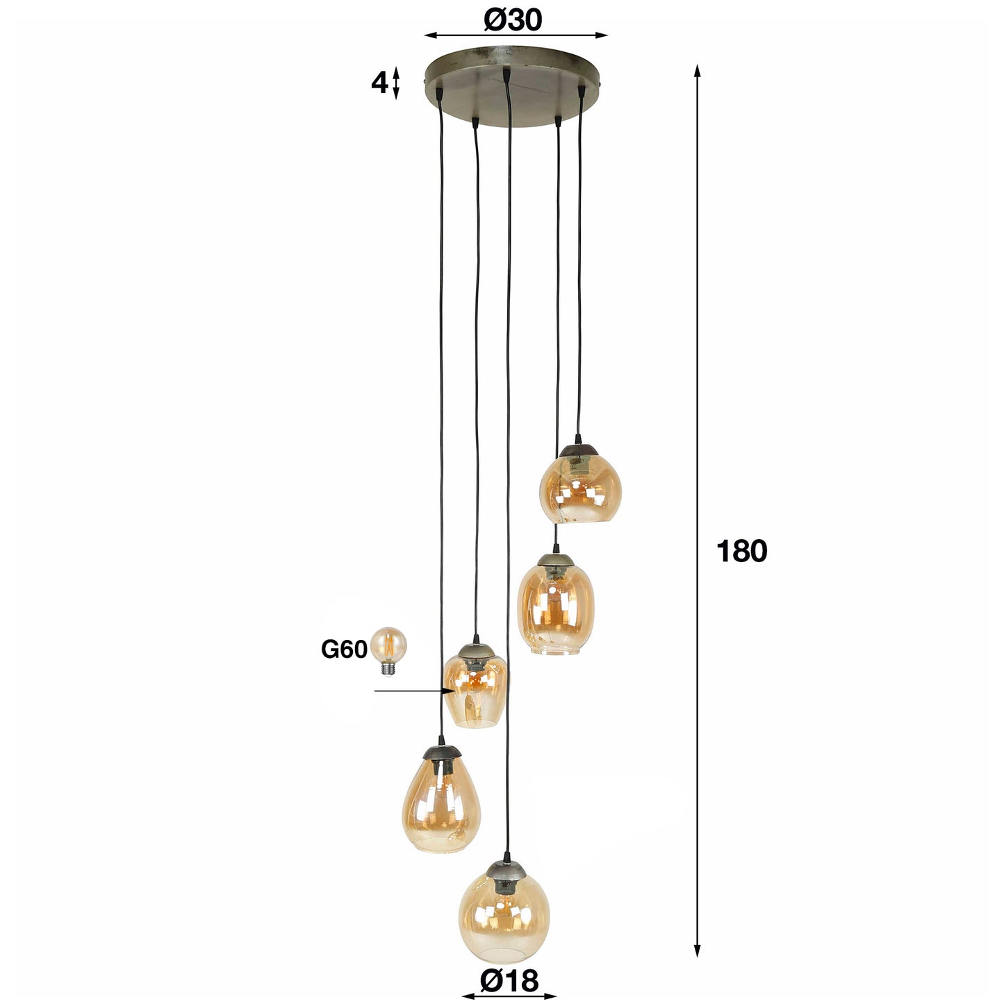 Bemade Furniture Hanglamp 5L getrapt mix / Amberkleurig glas